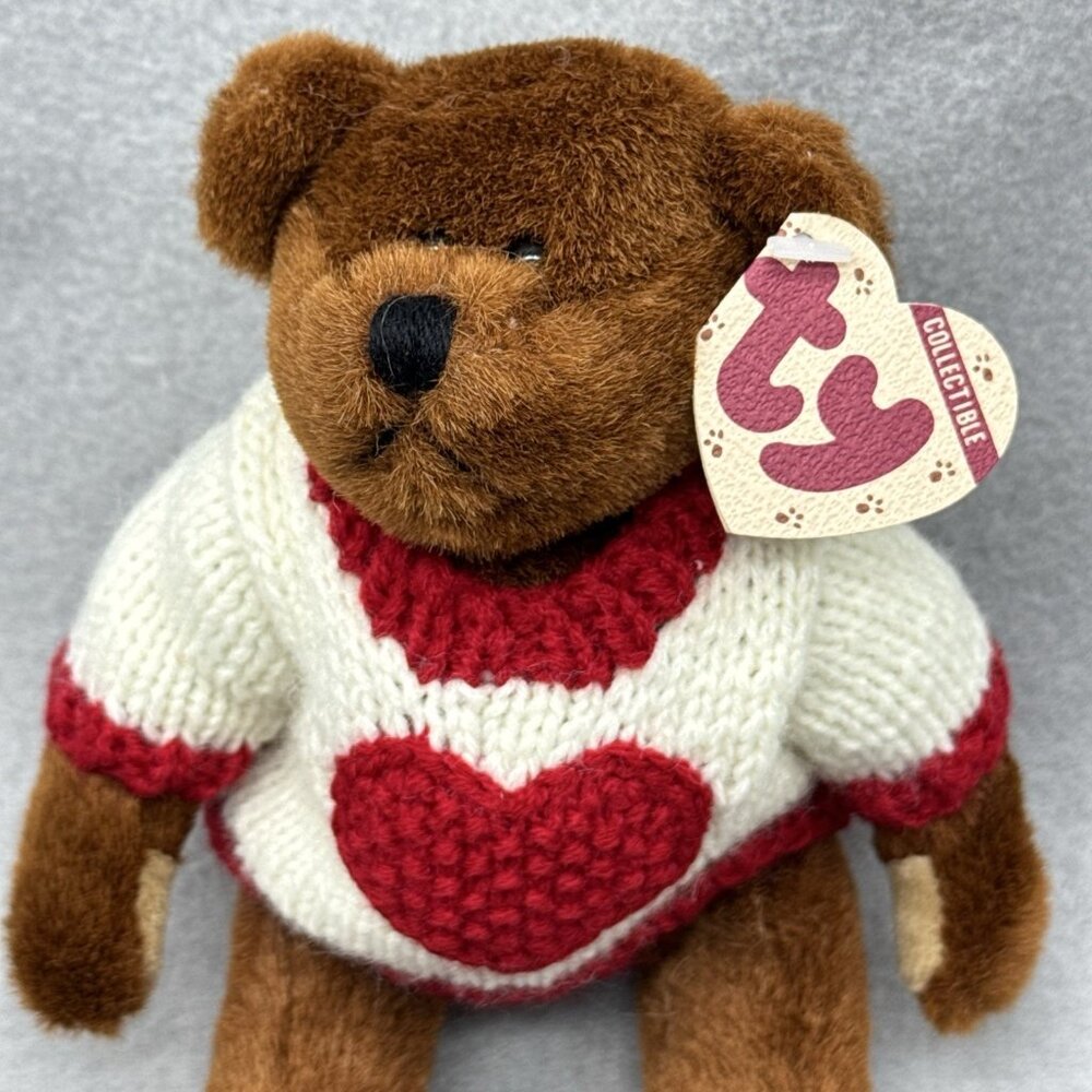 Casanova Brown Bear Attic Treasures Plushie White Sweater Heart TY 1993 Posable - Picture 2 of 8